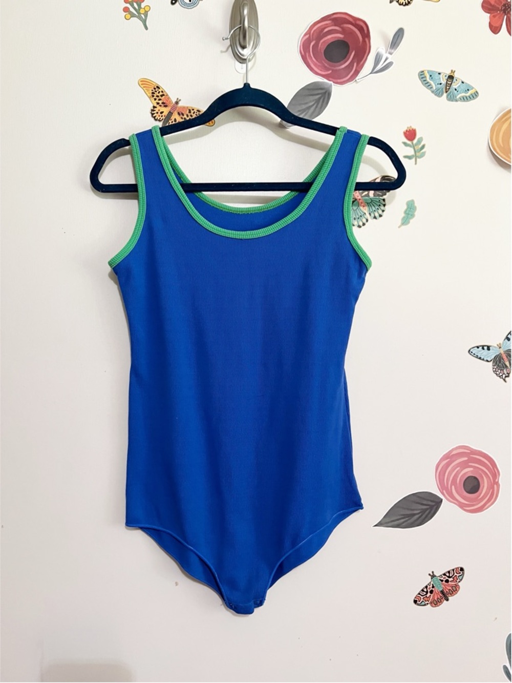 Vintage Ribbed Blue Tank Bodysuit with Green Trim L